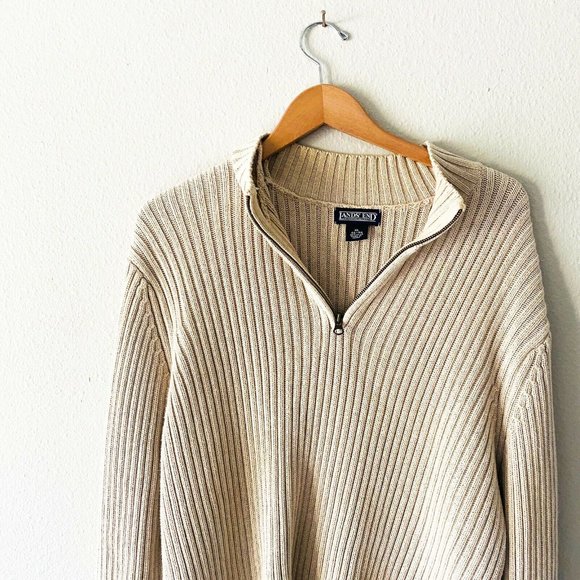 Lands’ End cream 100% cotton mens ribbed sweater - Picture 4 of 7